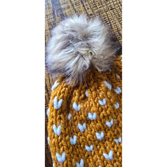 Freya Hand Knit Merino Wool Bird's Eye Knit Pom Pom Hat in Goldenrod Orange OSFM - Picture 3 of 4